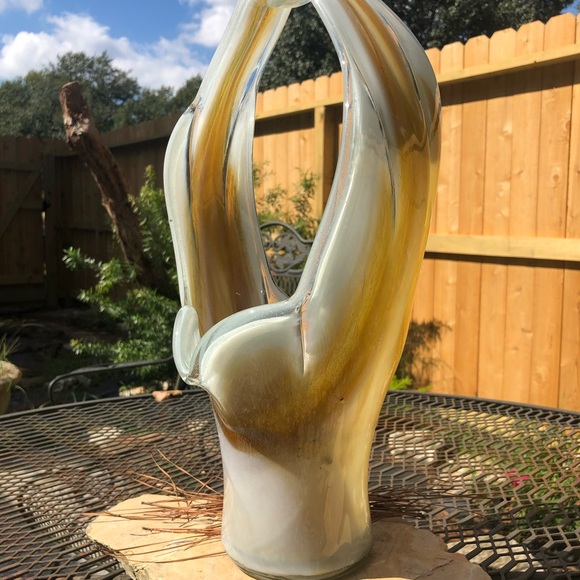 Large Vintage Handblown Glass Basket Vase Cream & Gold